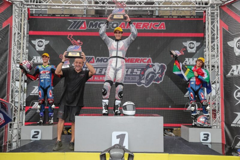 Gabriel Da Silva celebrating on the podium after his big win at the MotoAmerica Championship.